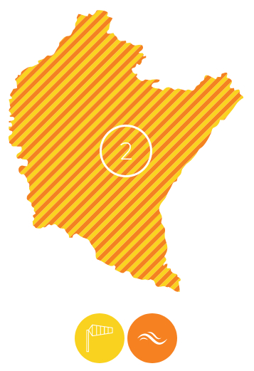 Mapka województwa podkarpackiego z zaznaczonymi ostrzeżeniami przez silnym wiatrem