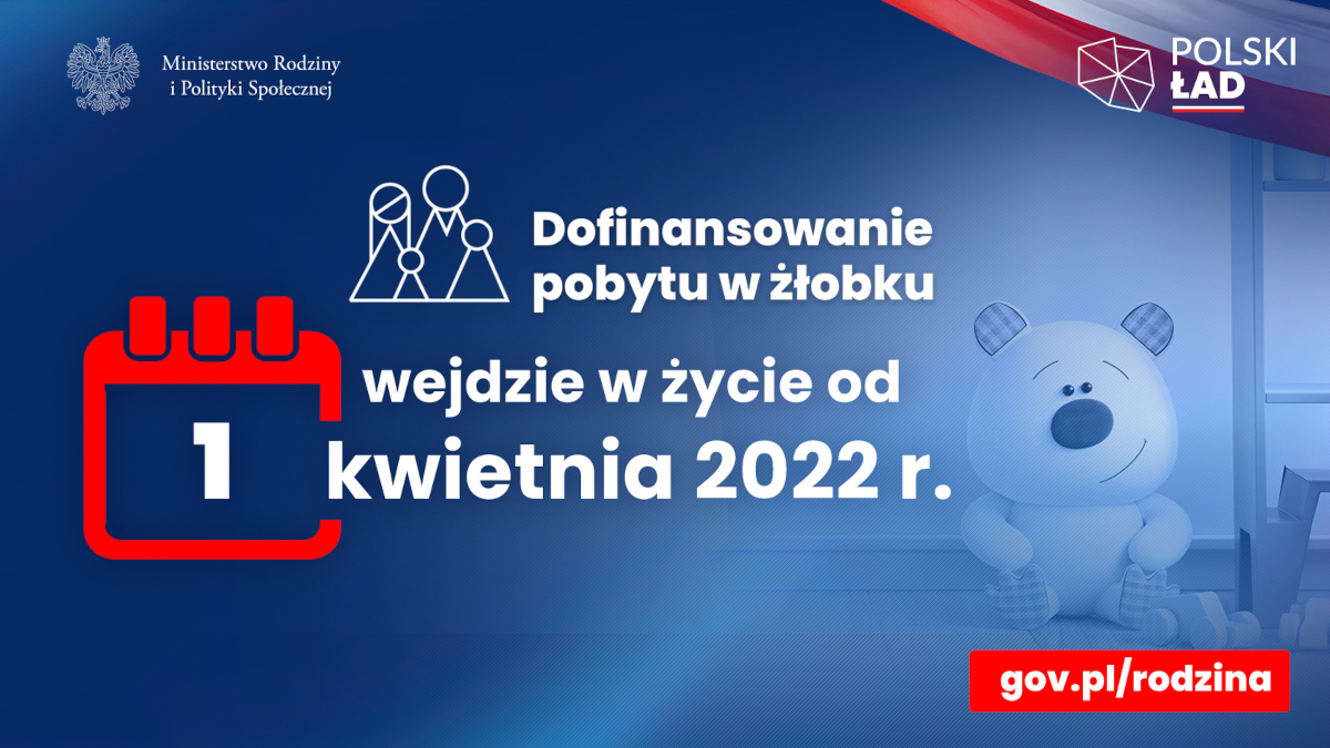 Infografika o treści: Ministerstwo Rodziny i Polityki Społecznej, Polski Ład, Dofinansowanie pobytu w żłobku wejdzie w życie od 1 kwietnia 2022 r.