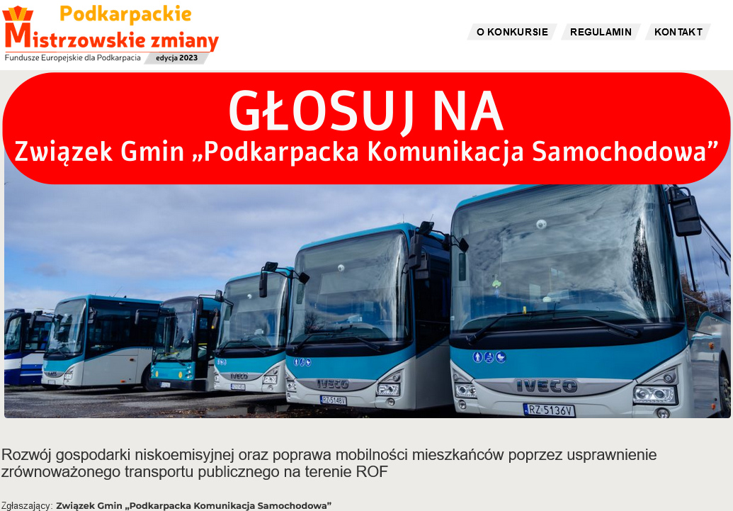 Zdjęcie z napisem Głosuj na Związek Gmin „Podkarpacka Komunikacja Samochodowa” i niebieskimi autobusami w tle