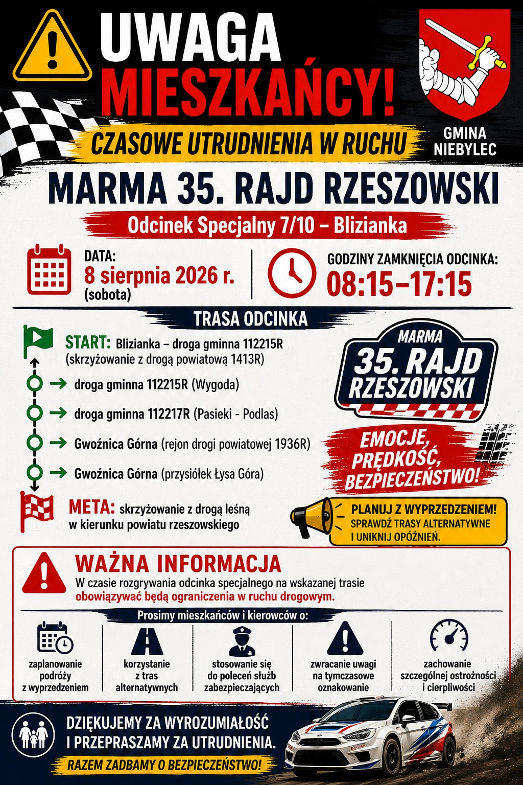 Plakat informacyjny Gminy Niebylec o czasowych utrudnieniach w ruchu podczas Marma 35. Rajdu Rzeszowskiego. Informuje o odcinku specjalnym 7/10 „Blizianka”, który odbędzie się 8 sierpnia 2026 r. (sobota). Odcinek będzie zamknięty dla ruchu w godzinach 08:15–17:15. Trasa prowadzi z Blizianki przez Wygodę, Pasieki–Podlas i Gwoźnicę Górną do mety przy skrzyżowaniu z drogą leśną w kierunku powiatu rzeszowskiego. Plakat apeluje o wcześniejsze zaplanowanie podróży, korzystanie z tras alternatywnych, stosowanie się do poleceń służb, zwracanie uwagi na tymczasowe oznakowanie oraz zachowanie ostrożności. W dolnej części znajduje się grafika samochodu rajdowego oraz podziękowanie za wyrozumiałość i przeprosiny za utrudnienia.