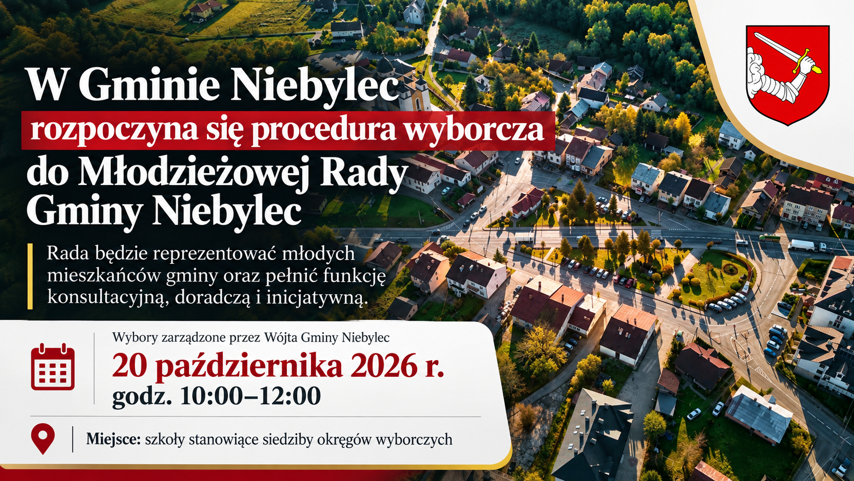 Grafika informacyjna dotycząca wyborów do Młodzieżowej Rady Gminy Niebylec. W tle widok z lotu ptaka na centrum Niebylca, w prawym górnym rogu herb Gminy Niebylec. Wybory odbędą się 20 października 2026 r. w godz. 10:00–12:00 w szkołach stanowiących siedziby okręgów wyborczych.