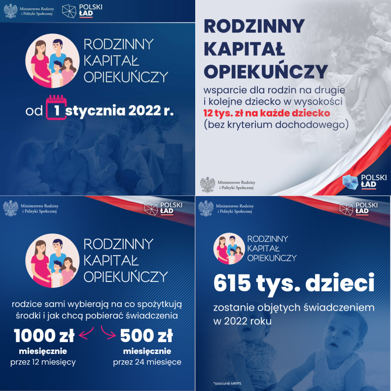 Infografika dotycząca Rodzinnego Kapitału Opiekuńczego o treści: Rodzinny Kapitał Opiekuńczy przysługuje na każde drugie i kolejne dziecko w rodzinie w wieku od ukończenia 12. do 35. miesiąca życia w maksymalnej wysokości 12 tys. zł na dziecko. To od rodziców zależy, czy będą otrzymywać świadczenie: - przez rok po 1 tys. zł miesięcznie, - przez dwa lata po 500 zł miesięcznie. To rodzice zdecydują, czy przeznaczą środki np. na opłacenie miejsca w żłobku, wynagrodzenie dla niani lub pokrycie samodzielnej opieki nad dzieckiem. Rodzinny Kapitał Opiekuńczy daje rodzicom poczucie bezpieczeństwa, ale również alternatywę. Prawo do Rodzinnego Kapitału Opiekuńczego przysługuje także rodzicom, którzy już w dniu wejścia przepisów mają drugie i kolejne dziecko w wieku od ukończenia 12. do 35. miesiąca życia. Na takie dzieci świadczenie będzie przysługiwało proporcjonalnie - za okres od dnia wejścia w życie ustawy do czasu ukończenia przez drugie lub kolejne dziecko 35. miesiąca życia. Świadczenie nie jest uzależnione od dochodów rodziny.  Szczegółowe informacje na stronie https://www.gov.pl/web/rodzina/rodzinny-kapital-opiekunczy