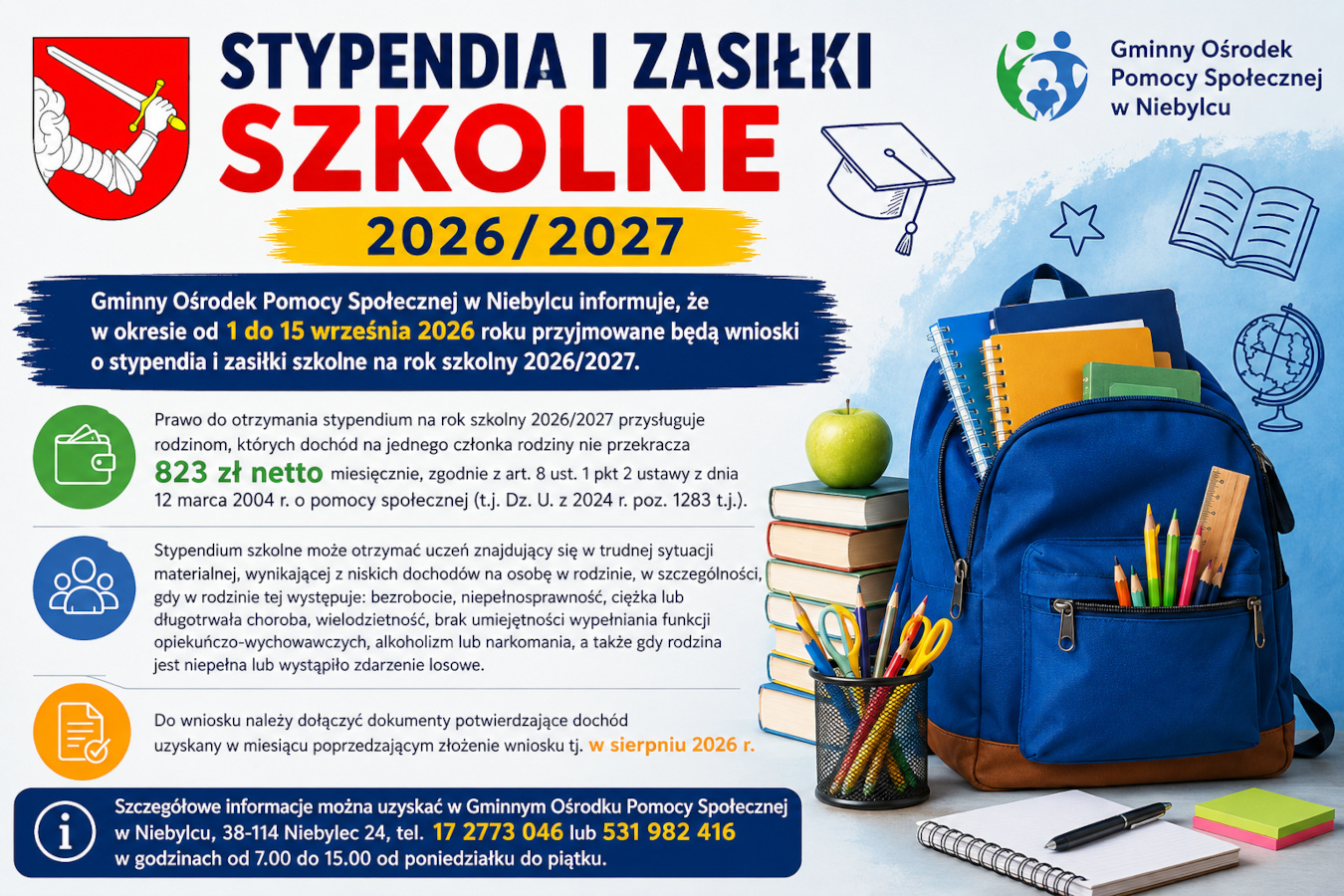 nformacja GOPS w Niebylcu o dożywianiu dzieci w szkołach w roku szkolnym 2026/2027, z ilustracją uczennicy jedzącej posiłek w szkolnej stołówce.