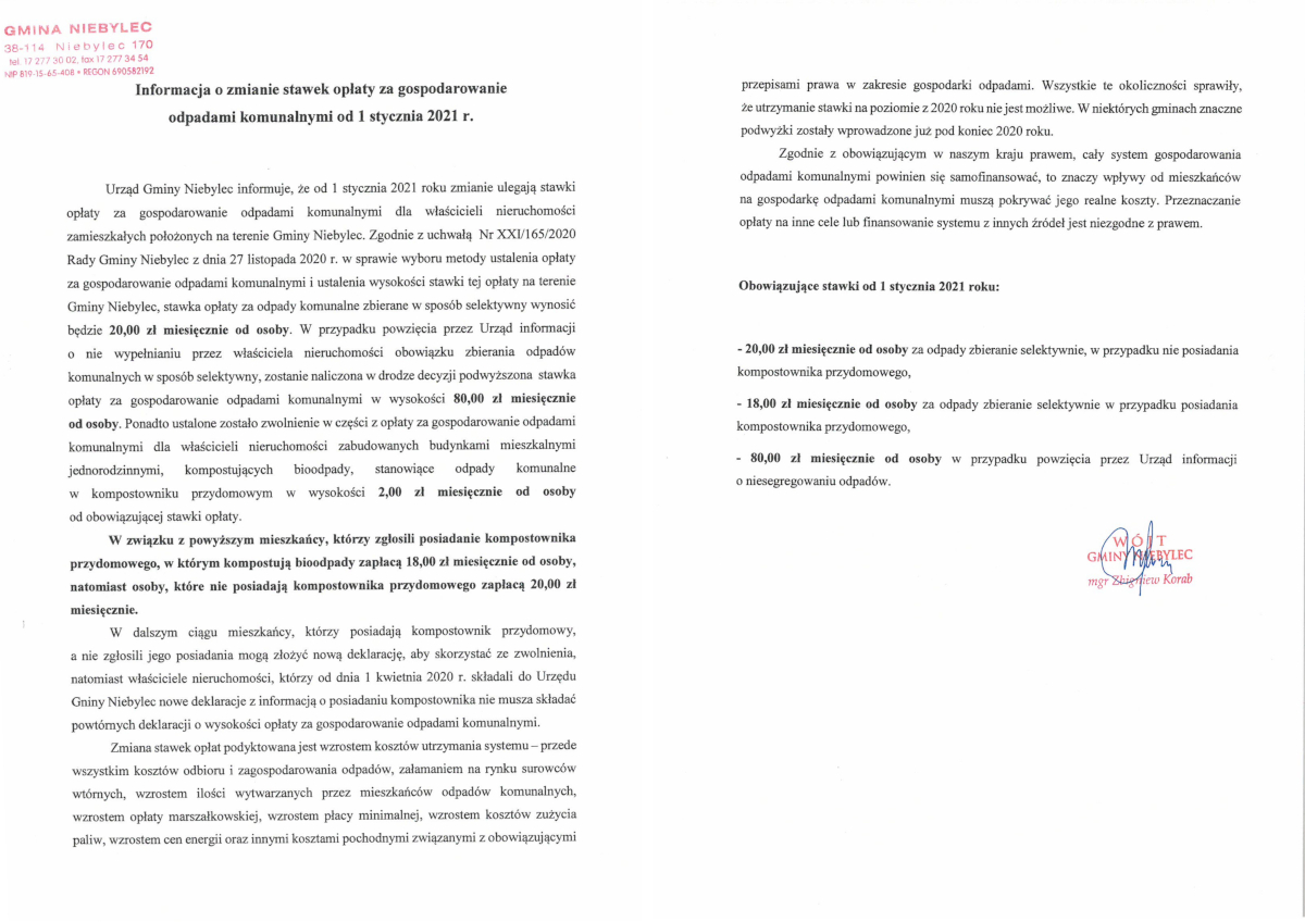 Informacja o zmianie stawek opłaty za gospodarowanie  odpadami komunalnymi od 1 stycznia 2021 r.
