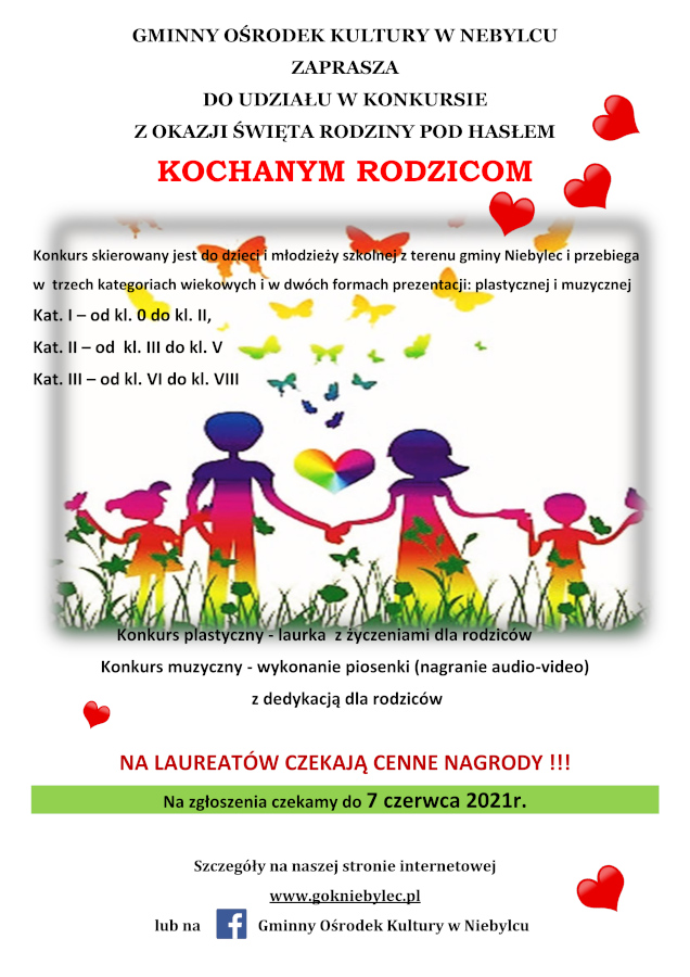 Plakat dotyczący konkursu organizowanego przez GOK Niebylec pn. "Kochanym Rodzicom"