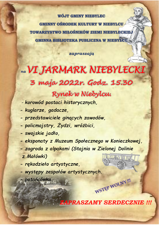 Plakat z zaproszeniem na VI Jarmark Niebylecki, który odbędzie się 3 maja 2022 roku godz. 15:30 na Rynku w Niebylcu