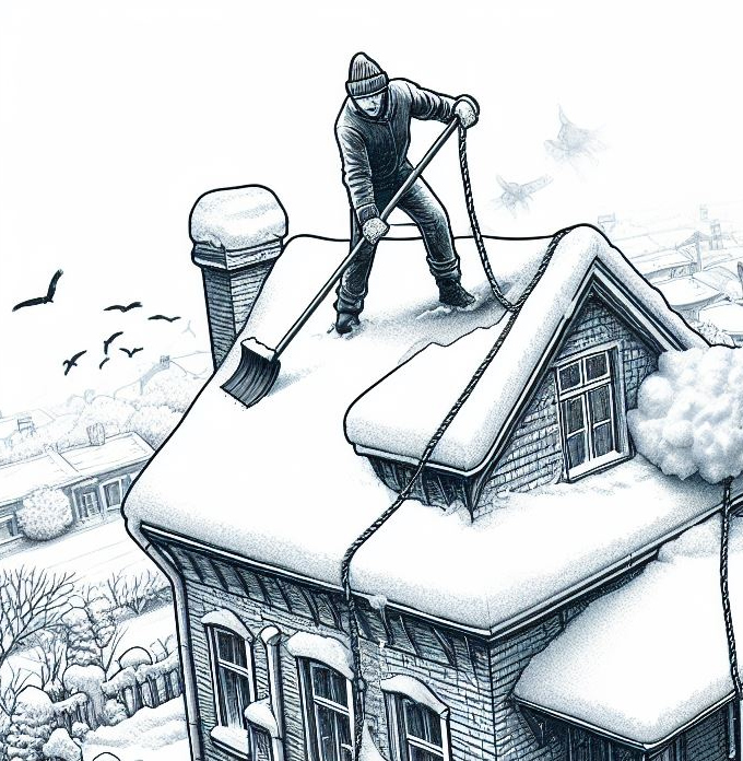 Rysunek meżczyzny z łopatą do śniegu usuwającego śnieg z dachu