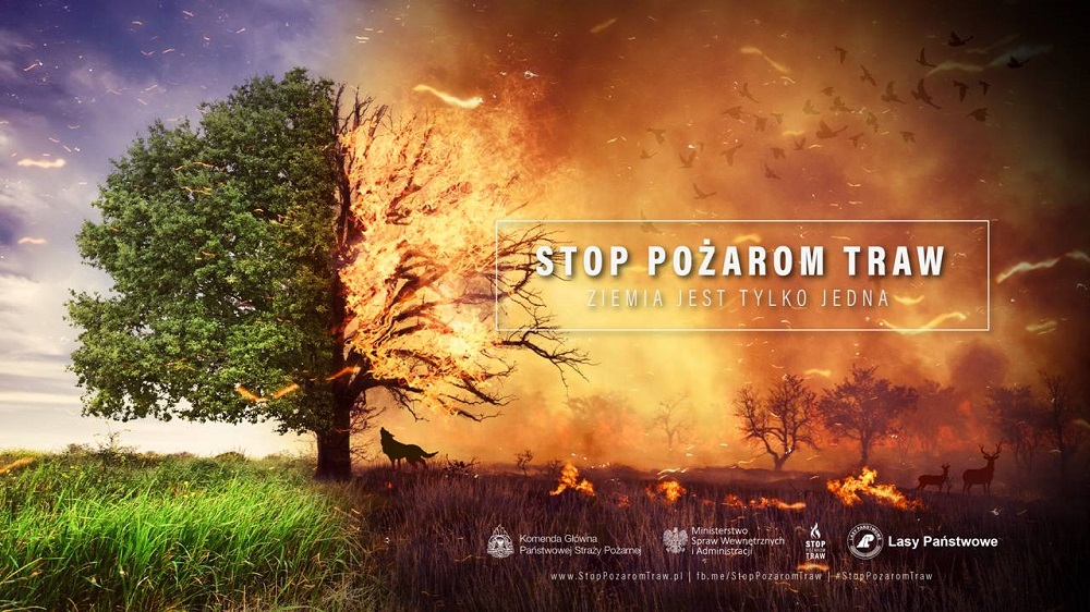 Grafika kampanii społecznej przeciwko wypalaniu traw. Obraz jest podzielony na dwie części – po lewej stronie widnieje zielona, żywa przyroda z bujną trawą i zdrowym drzewem na tle jasnego nieba. Po prawej stronie ten sam krajobraz jest w ogniu – drzewo jest spalone, trawa i las płoną, a niebo ma złowieszczy, pomarańczowy odcień. W tle widać uciekające zwierzęta, a nad nimi unoszący się dym i lecące ptaki. Na środku widnieje hasło „STOP POŻAROM TRAW – ZIEMIA JEST TYLKO JEDNA”. W dolnej części obrazu znajdują się logotypy organizatorów kampanii, w tym Lasów Państwowych i Straży Pożarnej.