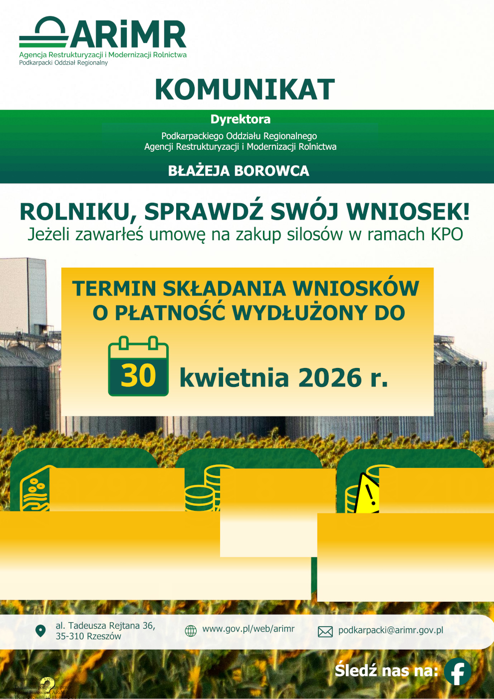 Plakat informacyjny ARiMR z komunikatem dla rolników. Informacja o wydłużeniu terminu składania wniosków o płatność w ramach KPO na zakup silosów do 30 kwietnia 2026 roku. W tle zdjęcie silosów zbożowych i pola słoneczników, na dole dane kontaktowe oddziału ARiMR w Rzeszowie.