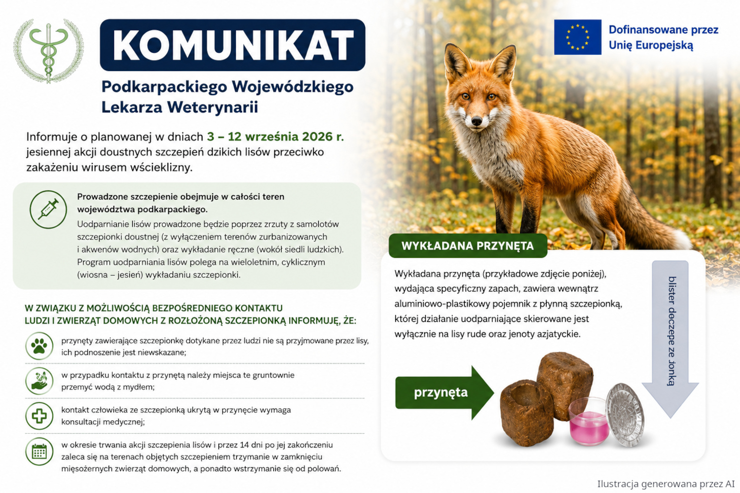 Grafika informacyjna Podkarpackiego Wojewódzkiego Lekarza Weterynarii o jesiennej akcji doustnych szczepień lisów przeciwko wściekliźnie, prowadzonej od 3 do 12 września 2026 r. na terenie województwa podkarpackiego. Na grafice znajduje się lis, zdjęcie przynęty ze szczepionką oraz najważniejsze zasady bezpieczeństwa: nie dotykać przynęt, po kontakcie umyć miejsce wodą z mydłem, w razie kontaktu ze szczepionką skonsultować się z lekarzem oraz przez 14 dni po zakończeniu akcji ograniczyć swobodne przemieszczanie zwierząt domowych i polowania.
