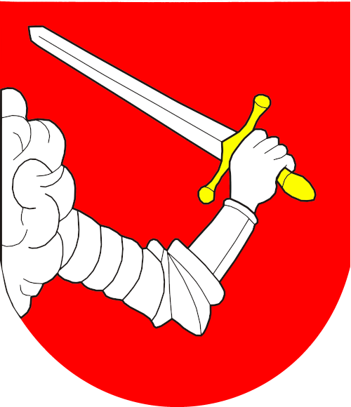 Herb Gmina Niebylec przedstawiający srebrne (białe) ramię w zbroi, wychodzące z lewej strony tarczy i trzymające w dłoni uniesiony miecz o srebrnym ostrzu i złotej rękojeści. Tło herbu jest czerwone.