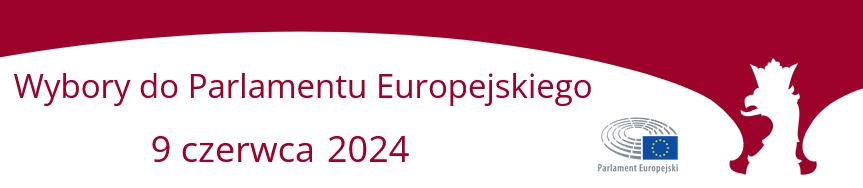 “Wybory do Parlamentu Europejskiego”  Data wyborów: 9 czerwca 2024 Tło: Głęboka czerwień Tekst: Biały, informujący o wyborach do Parlamentu Europejskiego i dacie wydarzenia Emblemat: Koło z małymi gwiazdami, symbolizujące Parlament Europejski Ilustracja: Biały heraldyczny lew