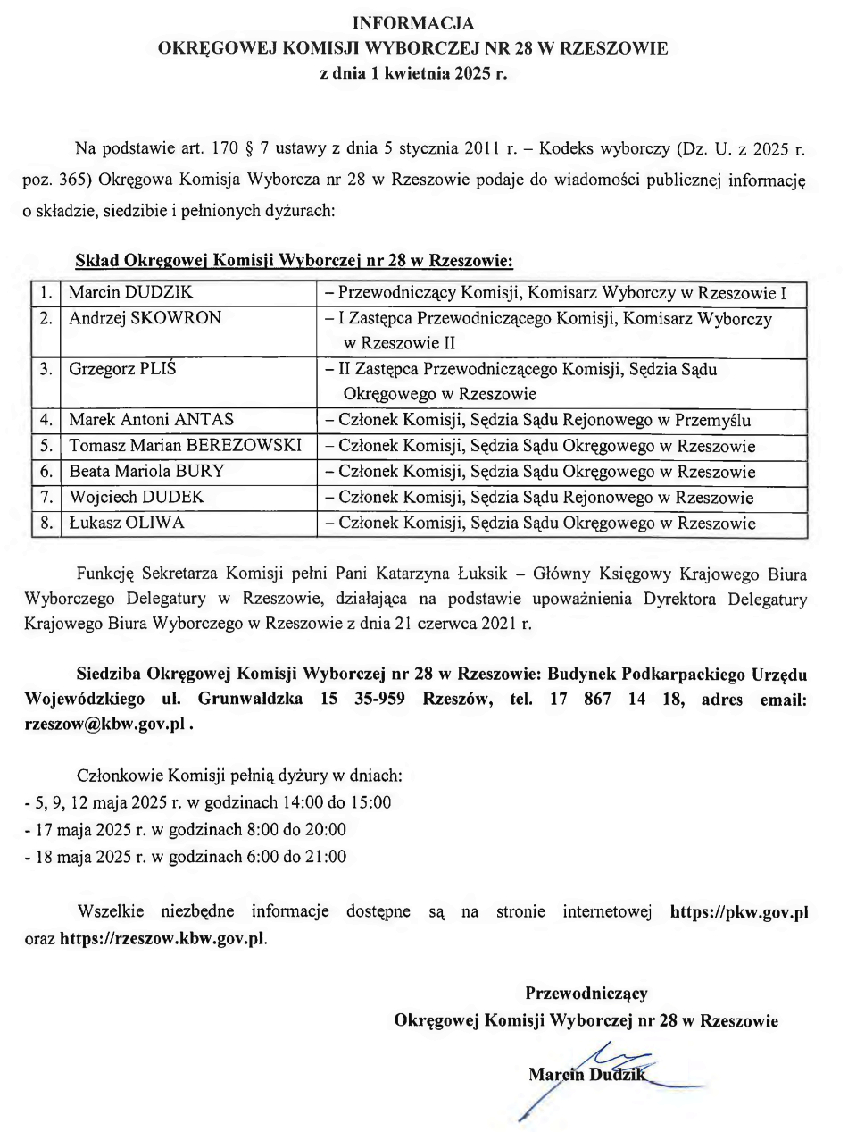 Dokument informacyjny opublikowany przez Okręgową Komisję Wyborczą nr 28 w Rzeszowie z dnia 1 kwietnia 2025 roku. Zawiera dane o składzie komisji, siedzibie oraz terminach dyżurów. W tabeli podano nazwiska ośmiu członków komisji wraz z funkcjami, m.in. przewodniczący Marcin Dudzik oraz jego zastępcy: Andrzej Skowron i Grzegorz Plis. Dokument informuje, że siedziba komisji znajduje się w budynku Podkarpackiego Urzędu Wojewódzkiego przy ul. Grunwaldzkiej 15 w Rzeszowie. Podano terminy dyżurów w maju 2025 roku i dane kontaktowe. Dokument kończy się podpisem przewodniczącego Marcina Dudzika.
